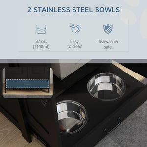 Pet feeding station with bowls, black
