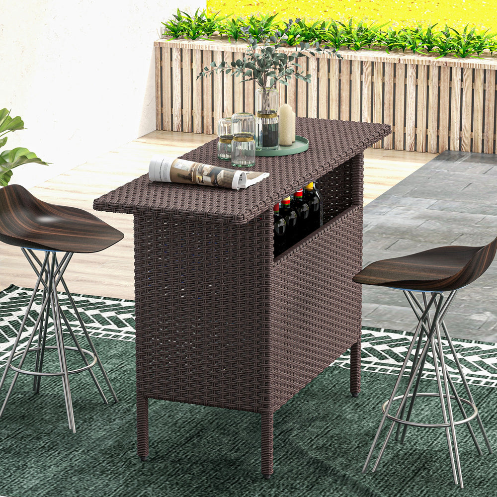 Outdoor rattan bar table with 2 storage shelves, brown