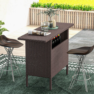 Outdoor rattan bar table with 2 storage shelves, brown