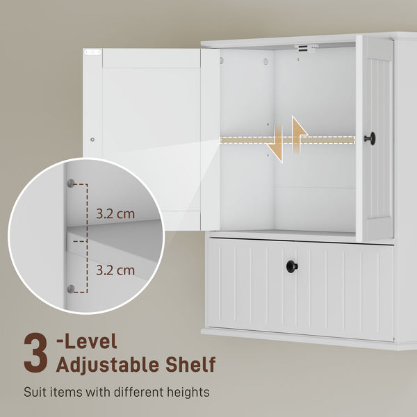 Wall-mounted bathroom cabinet, farmhouse style, with adjustable shelves and drop-down door, white