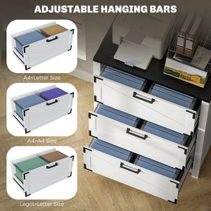 Country Style 3 Drawer Filing Cabinet with Adjustable Hanging Bars for Letter, A4, Legal Size, White