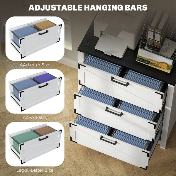 Country Style 3 Drawer Filing Cabinet with Adjustable Hanging Bars for Letter, A4, Legal Size, White