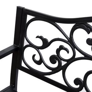 Outdoor garden bench with vintage floral pattern, cast metal, black