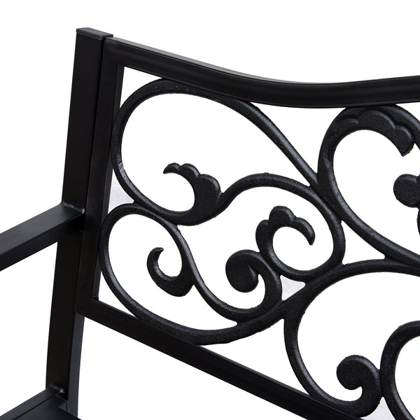 Outdoor garden bench with vintage floral pattern, cast metal, black