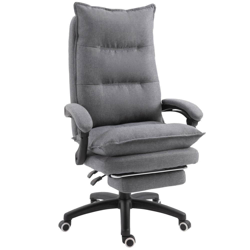 Reclining and height-adjustable office chair with retractable footrest, grey