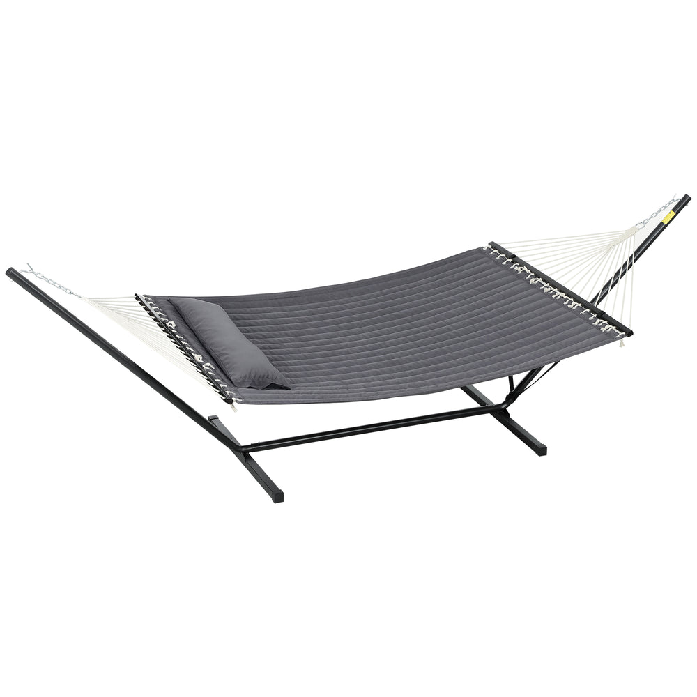 Outsunny 2 Person Hammock, Quilted Double Hammock with Stand, Pillow and Spreader Bars, for Outdoor Camping, Beach, Dark Grey 