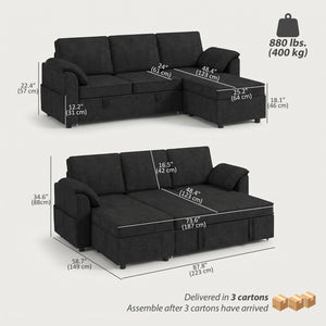 Reversible Sectional Sleeper Sofa with Storage, Black