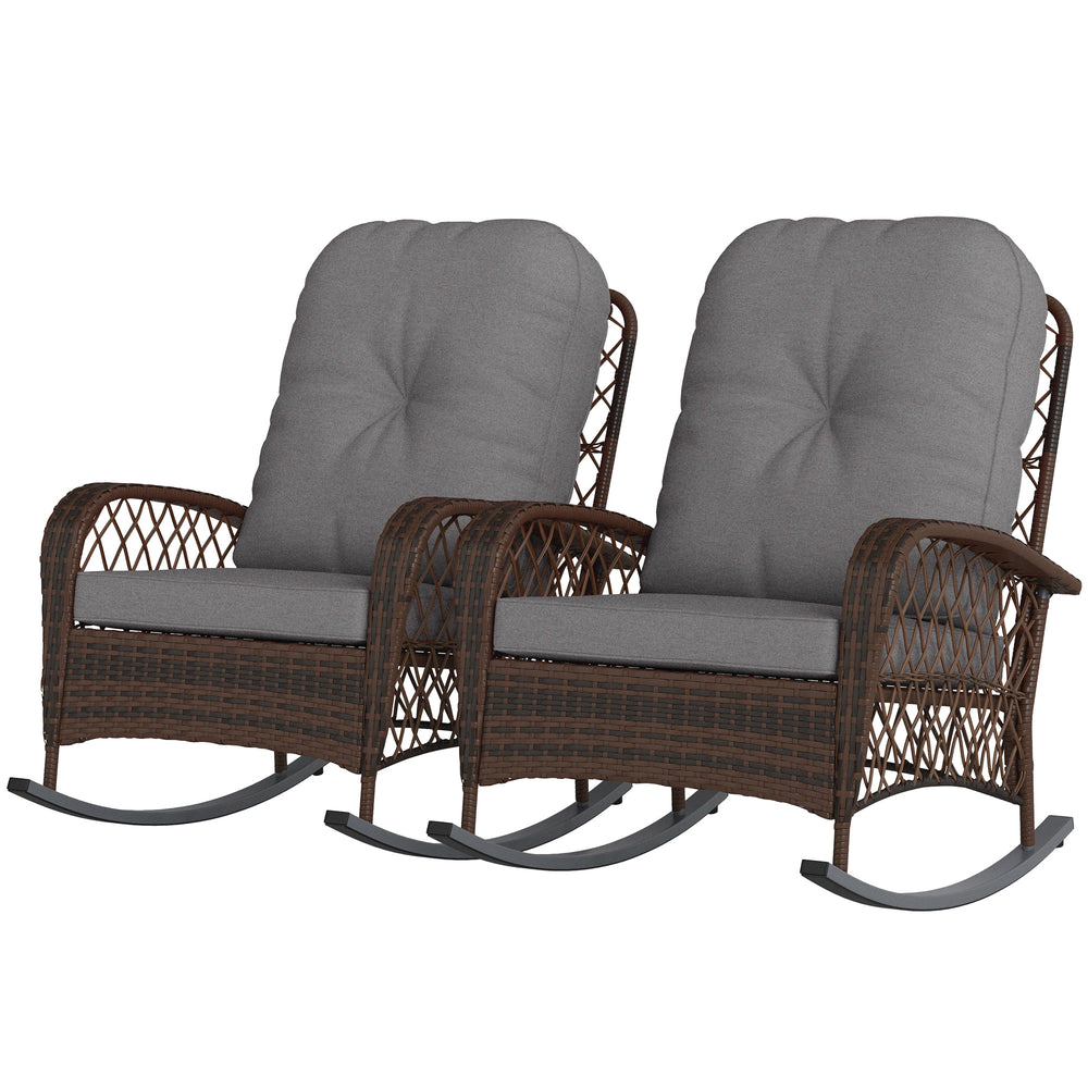 Lot de 2 fauteuils à bascule d'extérieur en rotin et osier gris avec coussins épais, idéal pour terrasse ou balcon