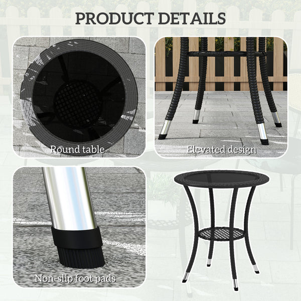 Outdoor rattan dining table with 2-tier storage shelf, black