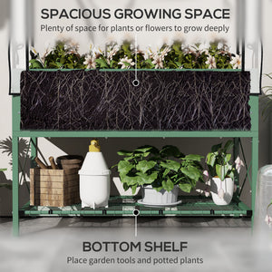 Raised planter with lid, bottom shelf and liner, green