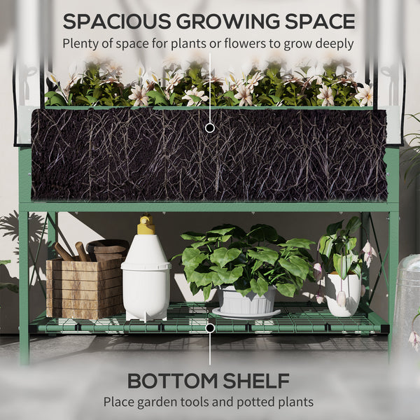 Raised planter with lid, bottom shelf and liner, green