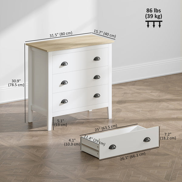 3-drawer bedroom dresser with silent slides, white