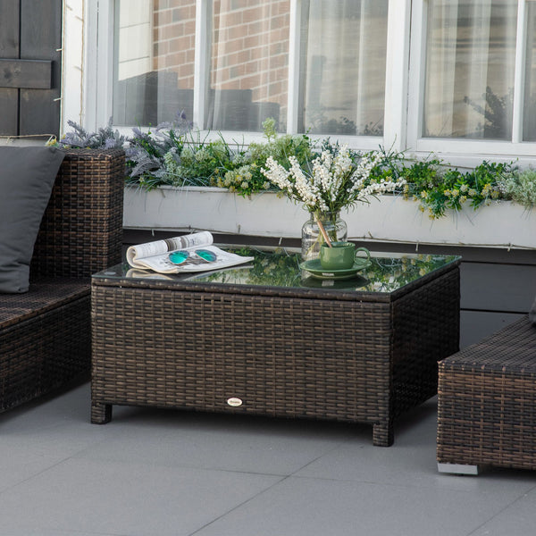 Woven rattan coffee table with glass top, brown