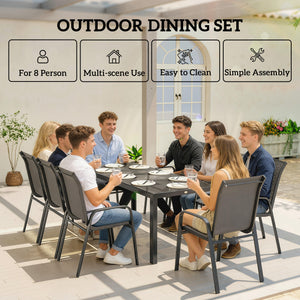 9-piece patio set with stackable chairs and glass tabletop for garden, patio, or yard, dark grey 
