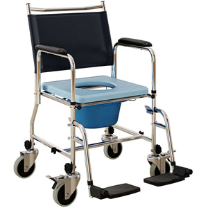 Black 4-in-1 commode and shower chair with wheels and padded seat