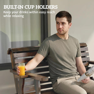 Outdoor Wooden Rocking Bench with 2 Cup Holders, Slat Seat, and Armrests