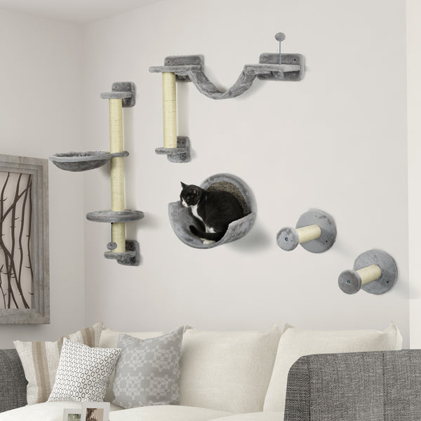Wall shelves with hammock, scratching post, perches and ladder, light grey