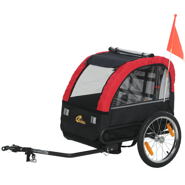 Child bike trailer with 5-point harness, 16-inch rubber wheels, storage bag, from 18 months, red.