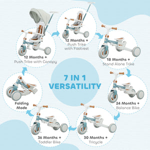 7 in 1 Toddler Tricycle with Safety Harness, Blue and Gray