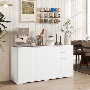 Modern kitchen buffet with push-to-open mechanism, 2 drawers, and shelves, white.