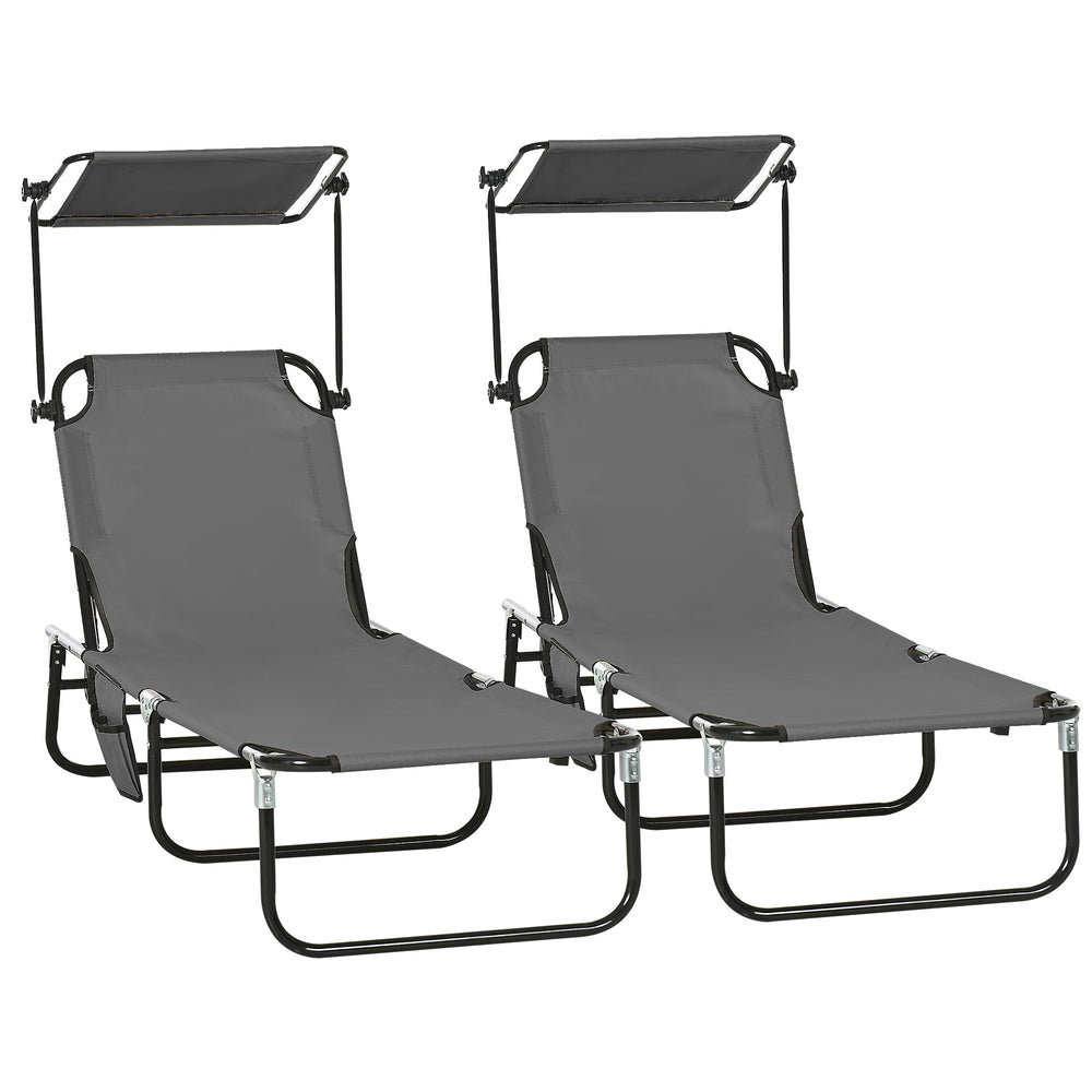 Ensemble de deux chaises longues pliantes gris foncé avec dossier réglable et pare-soleil intégré, idéales pour la plage ou la terrasse