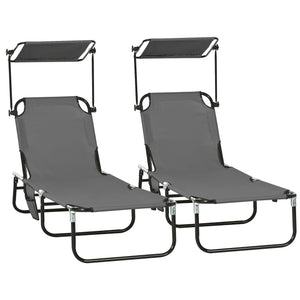 Set of 2 reclining sun loungers with parasol for beach and terrace, dark grey