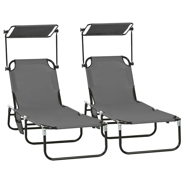 Set of 2 reclining sun loungers with parasol for beach and terrace, dark grey