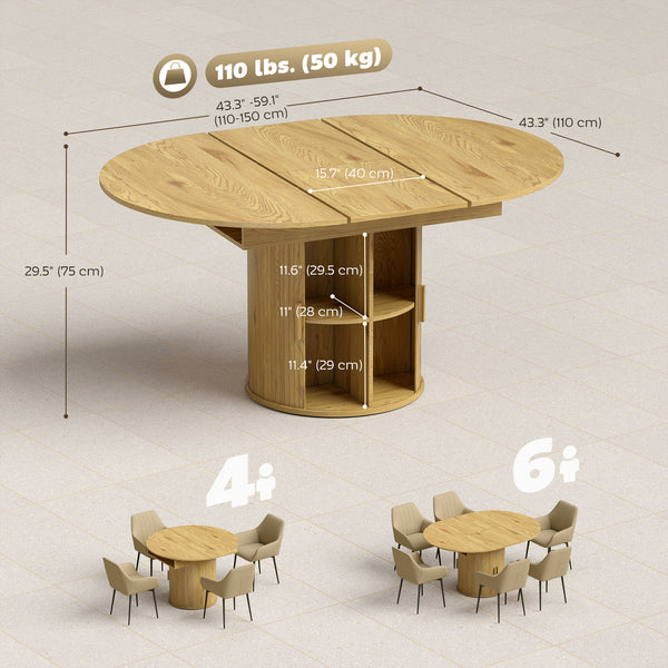 Extendable Dining Table for 6, 60" Farmhouse Kitchen Table with 2-Tier Storage Shelf and Fluted Sliding Doors, Natural