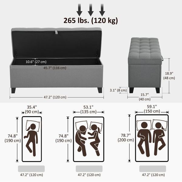 Storage Ottoman Bench with Safety Hinges, Linen, Dark Grey