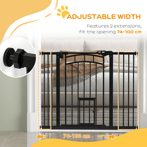 Self-closing pet gate with cat flap, black