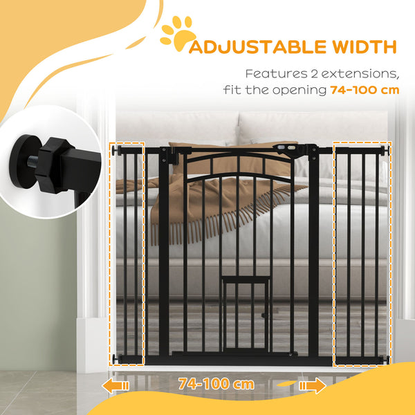 Self-closing pet gate with cat flap, black