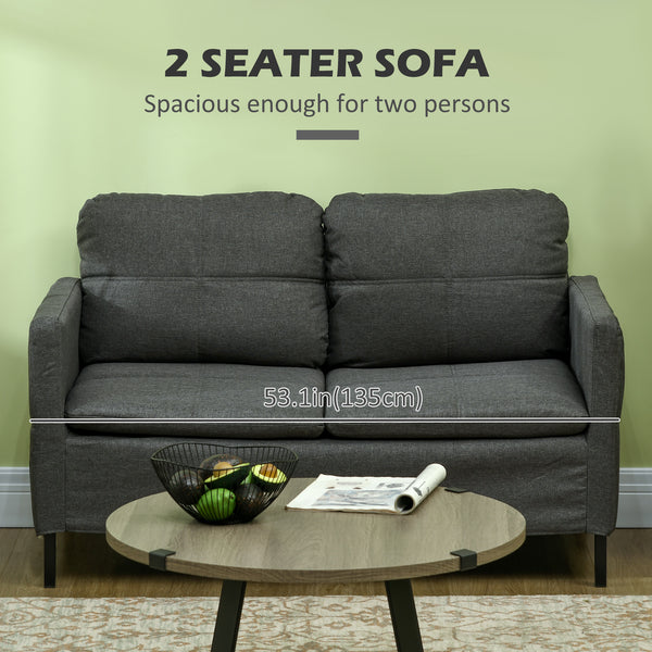 Upholstered 2 seater sofa with sturdy steel legs, dark grey