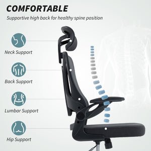 Ergonomic swivel office chair with lumbar support, adjustable headrest and height, flip-up armrests, black