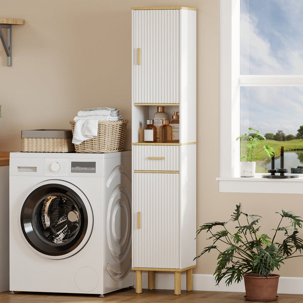 Tall bathroom storage cabinet with drawer, adjustable shelves, open compartment, white