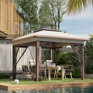 12' x 12' Pop Up Instant Folding Gazebo with Mesh Sidewalls, 3-Level Adjustable Height and Storage Bag, Beige