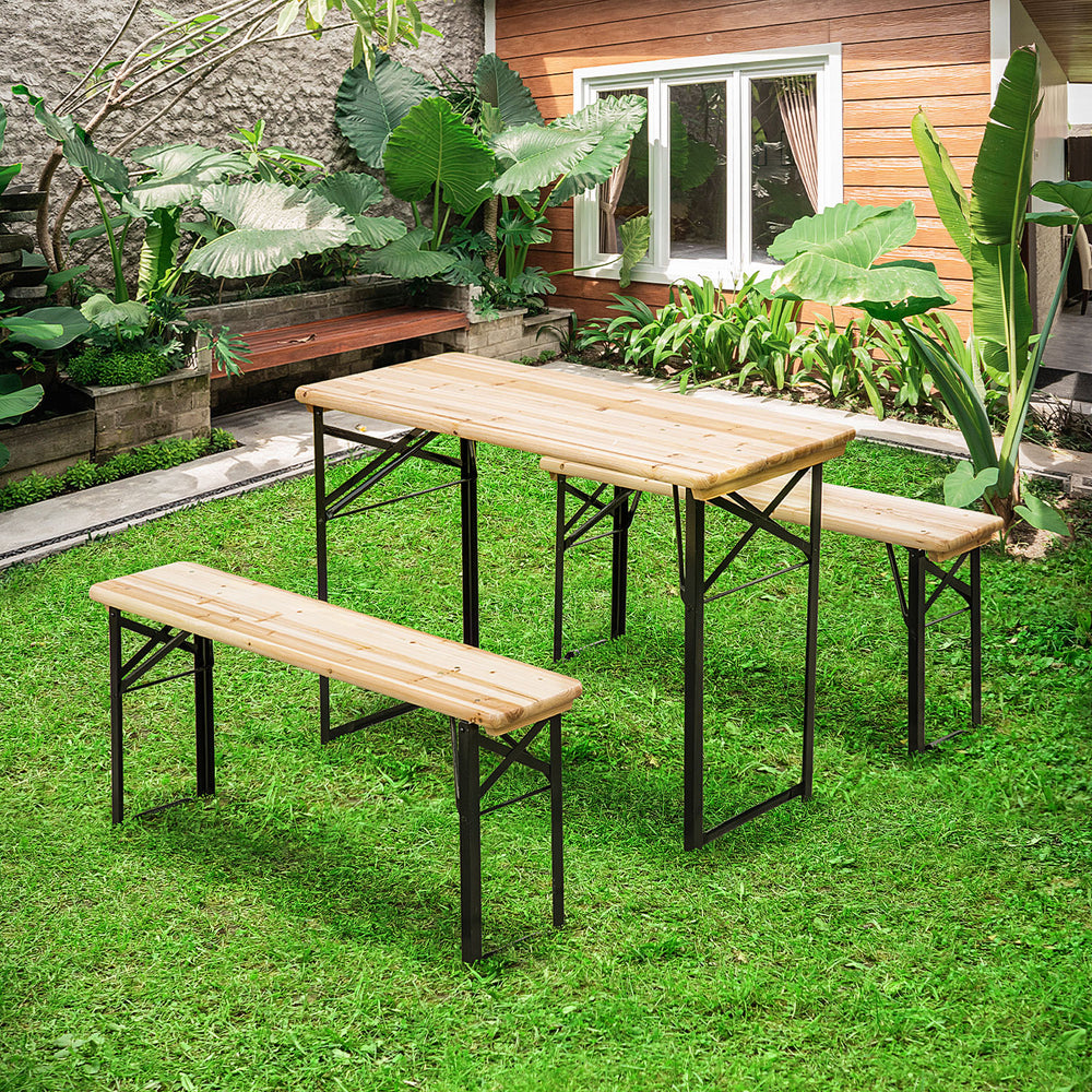 3 Pieces Folding Picnic Table Set, Portable Folding Picnic Table and Benches with Steel Frame for Garden, Park, Natural Wood