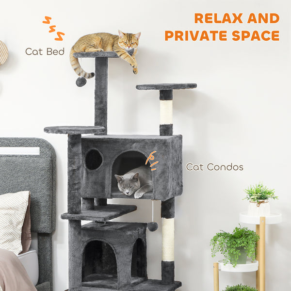 63" Cat Tree, Multi-Level Cat Tower with Scratching Posts, Cat Condos, Bed, Platforms, Ramp, Toy Ball, Dark Gray