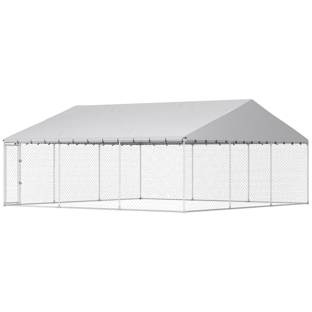 Heavy Duty Outdoor Dog Kennel with Waterproof Roof, Secure Latch, Chain Link Dog Run for Backyard, 19.7' x 19.7' x 8.9'