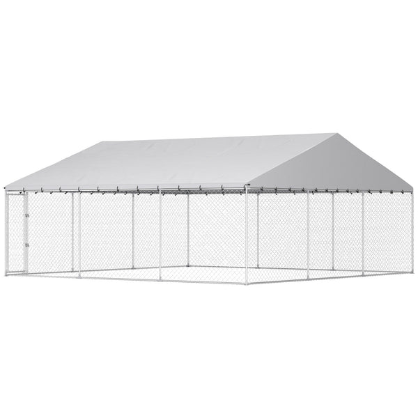 Heavy Duty Outdoor Dog Kennel with Waterproof Roof, Secure Latch, Chain Link Dog Run for Backyard, 19.7' x 19.7' x 8.9'