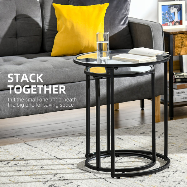Set of 2 round side tables with tempered glass top, black