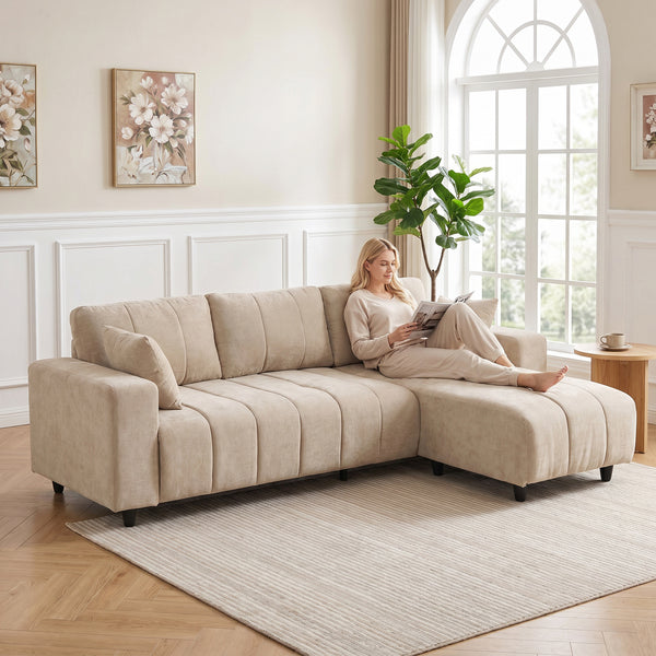 Beige L-shaped sectional sofa with reversible chaise and pocket springs, beige