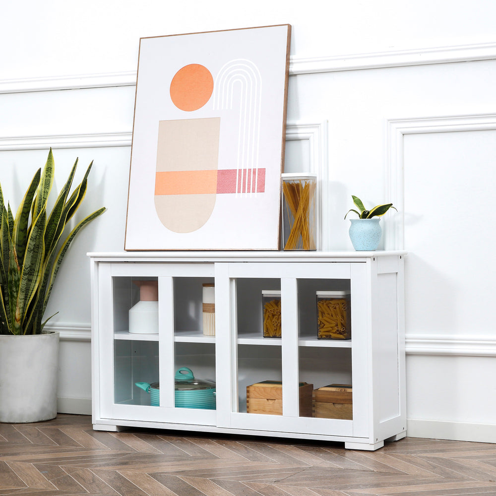 Modern kitchen sideboard with sliding glass door, white