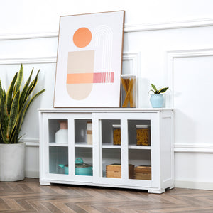 Modern kitchen sideboard with sliding glass door, white