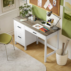Country-style computer desk with 3 drawers, white