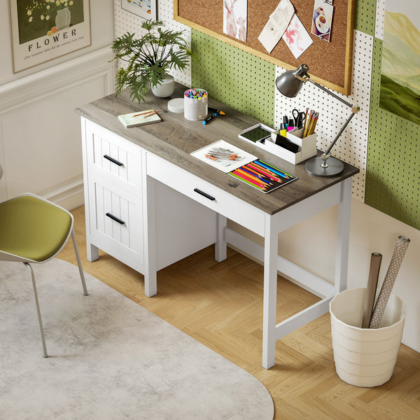 Country-style computer desk with 3 drawers, white