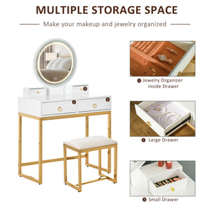 Dressing table with 3-color touch mirror and dimmable lighting, white