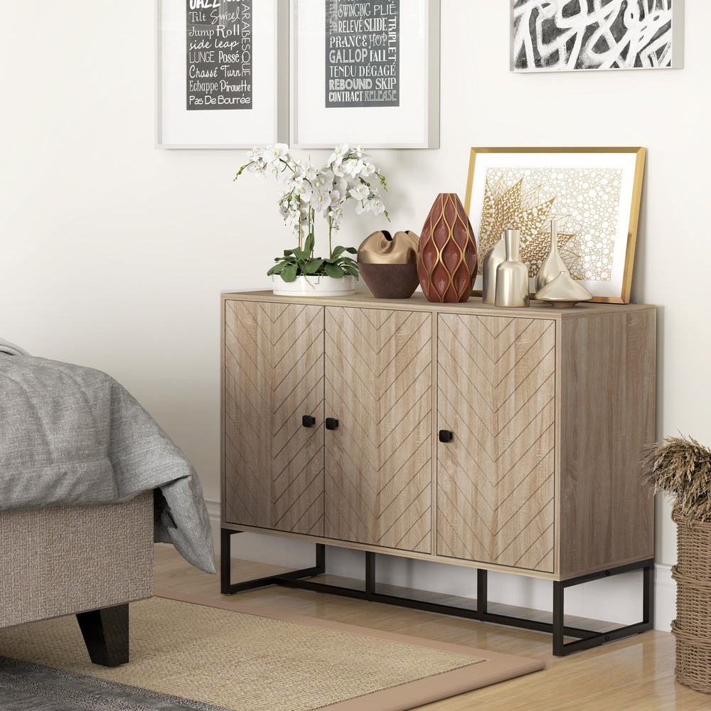 Modern Sideboard with Adjustable Shelves, 3 Doors Herringbone for Living Room, Hallway, Oak Wood Grain