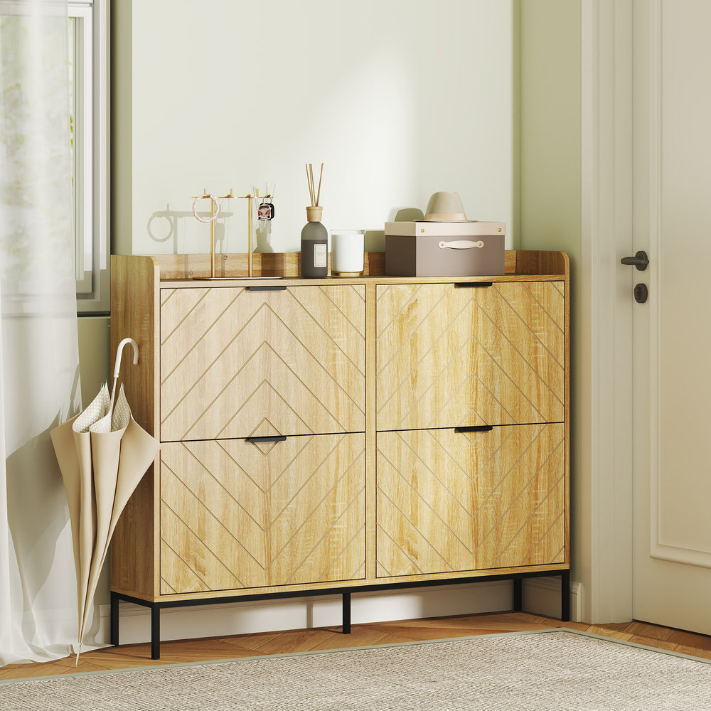 Meuble à chaussures moderne en chêne avec 4 tiroirs rabattables, capacité de 16 paires