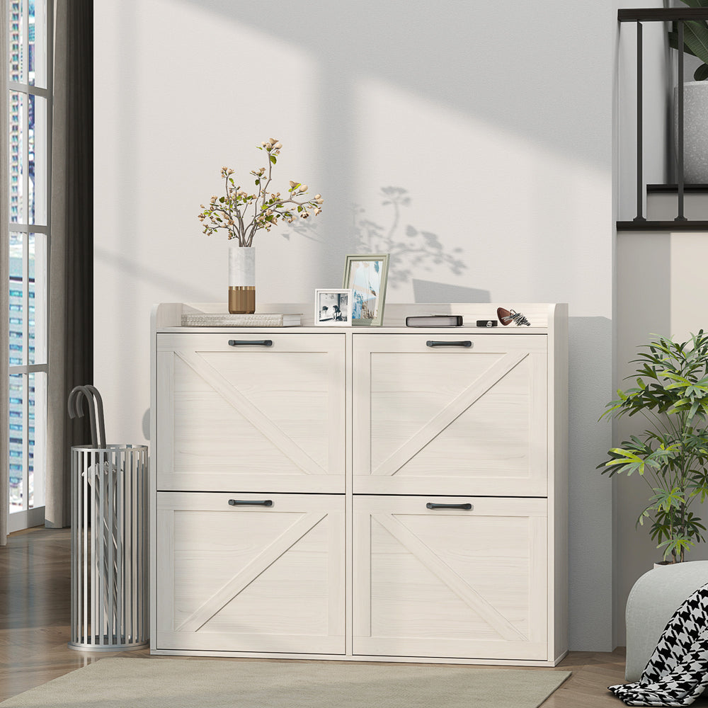 Meuble à chaussures en chêne blanc avec 4 tiroirs rabattables et étagères réglables pouvant contenir 16 paires – rangement pratique pour entrée