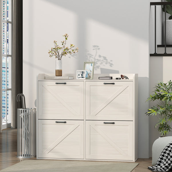 Meuble à chaussures en chêne blanc avec 4 tiroirs rabattables et étagères réglables pouvant contenir 16 paires – rangement pratique pour entrée